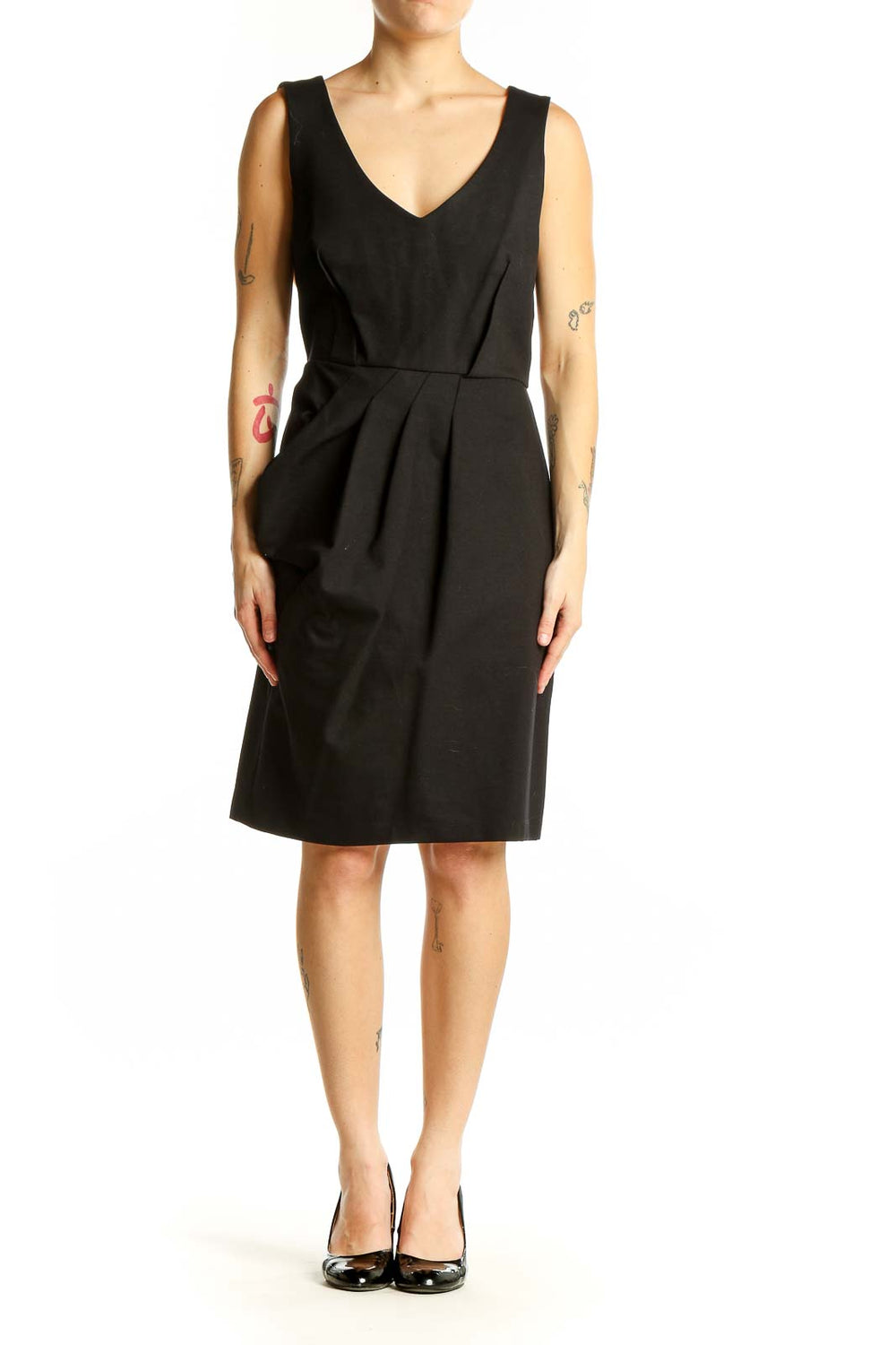 Front view of black Ali Ro cocktail dress with V-neck and pleated waist