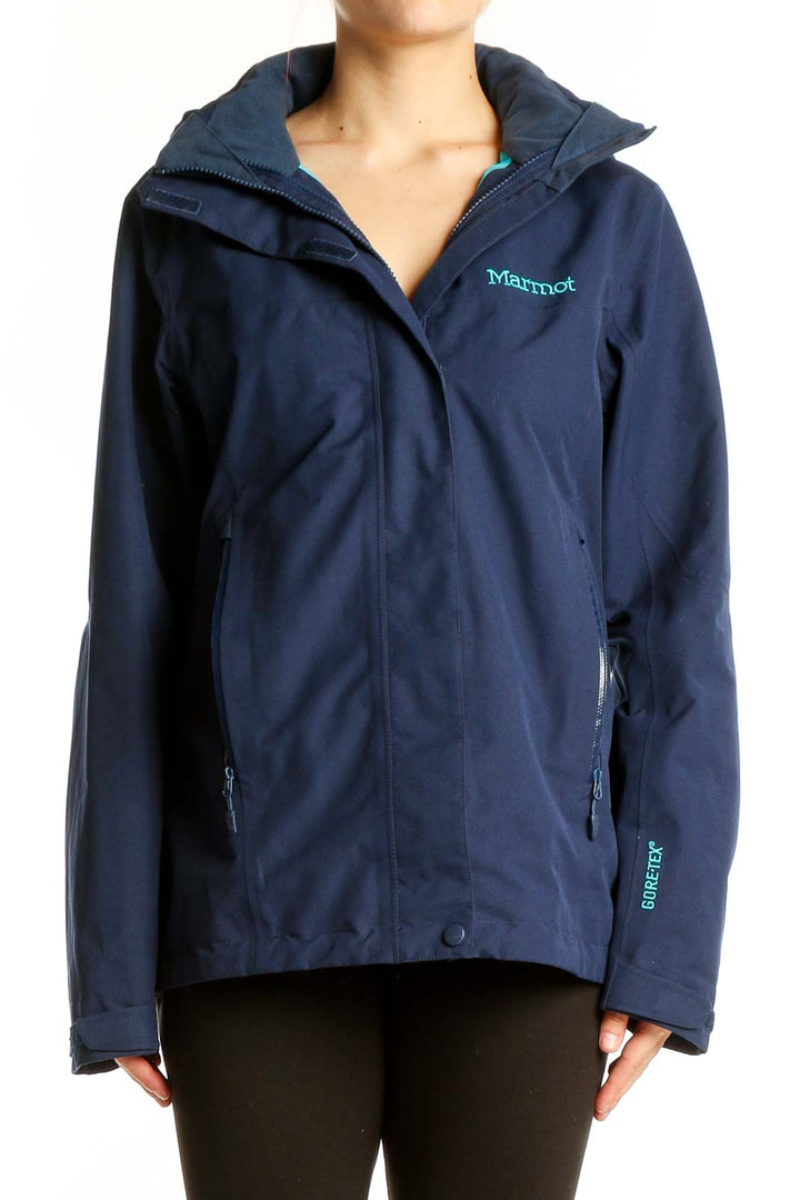 Front view of navy Marmot waterproof jacket with hood