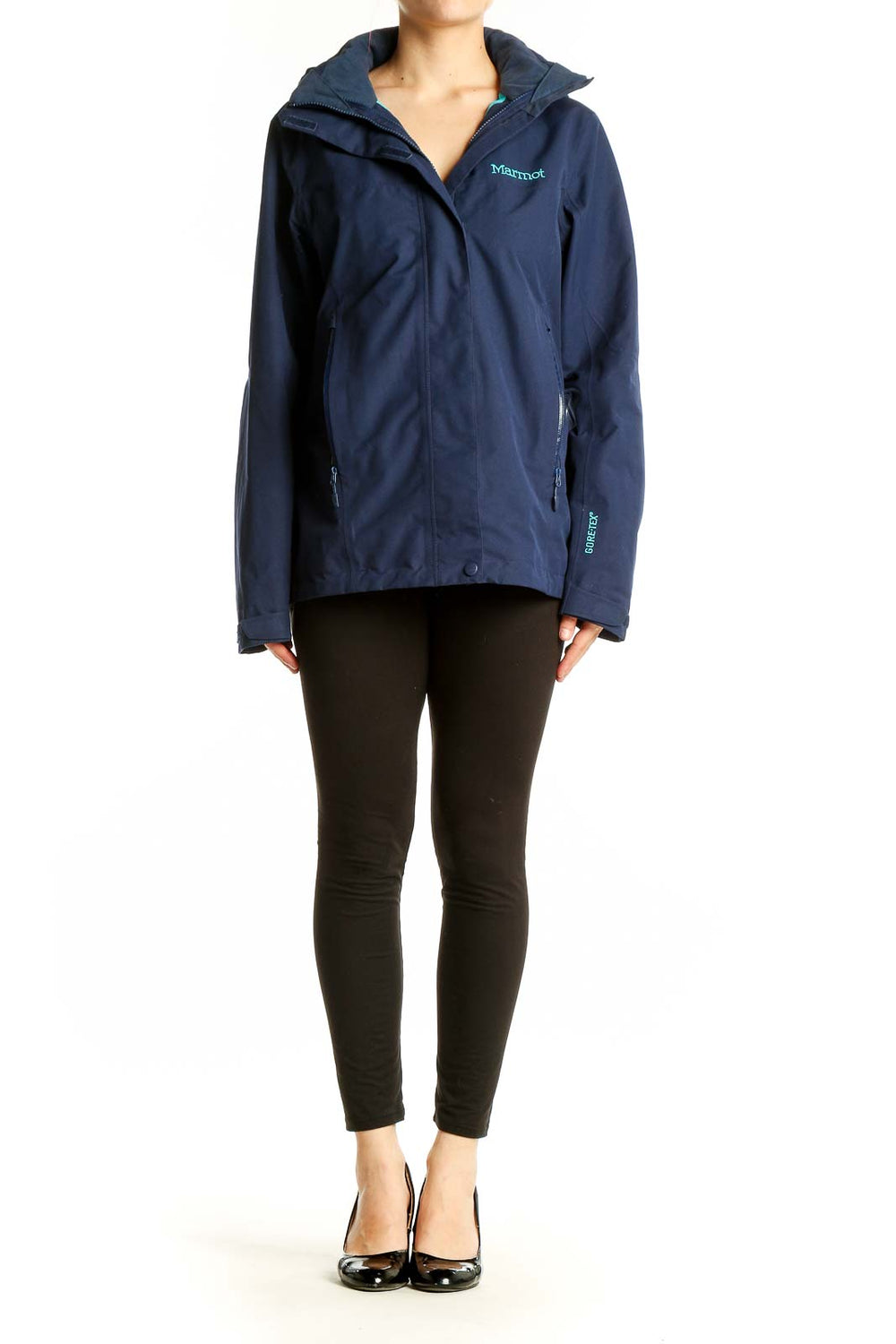 Front view of navy Marmot waterproof jacket with hood