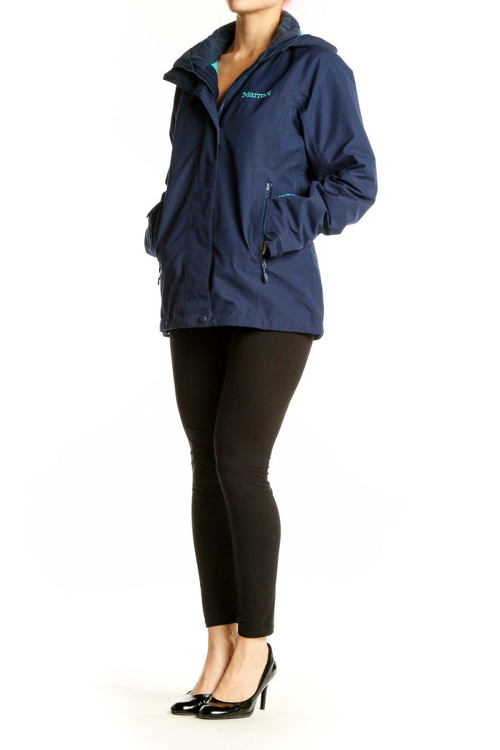 Front view of navy Marmot waterproof jacket with hood