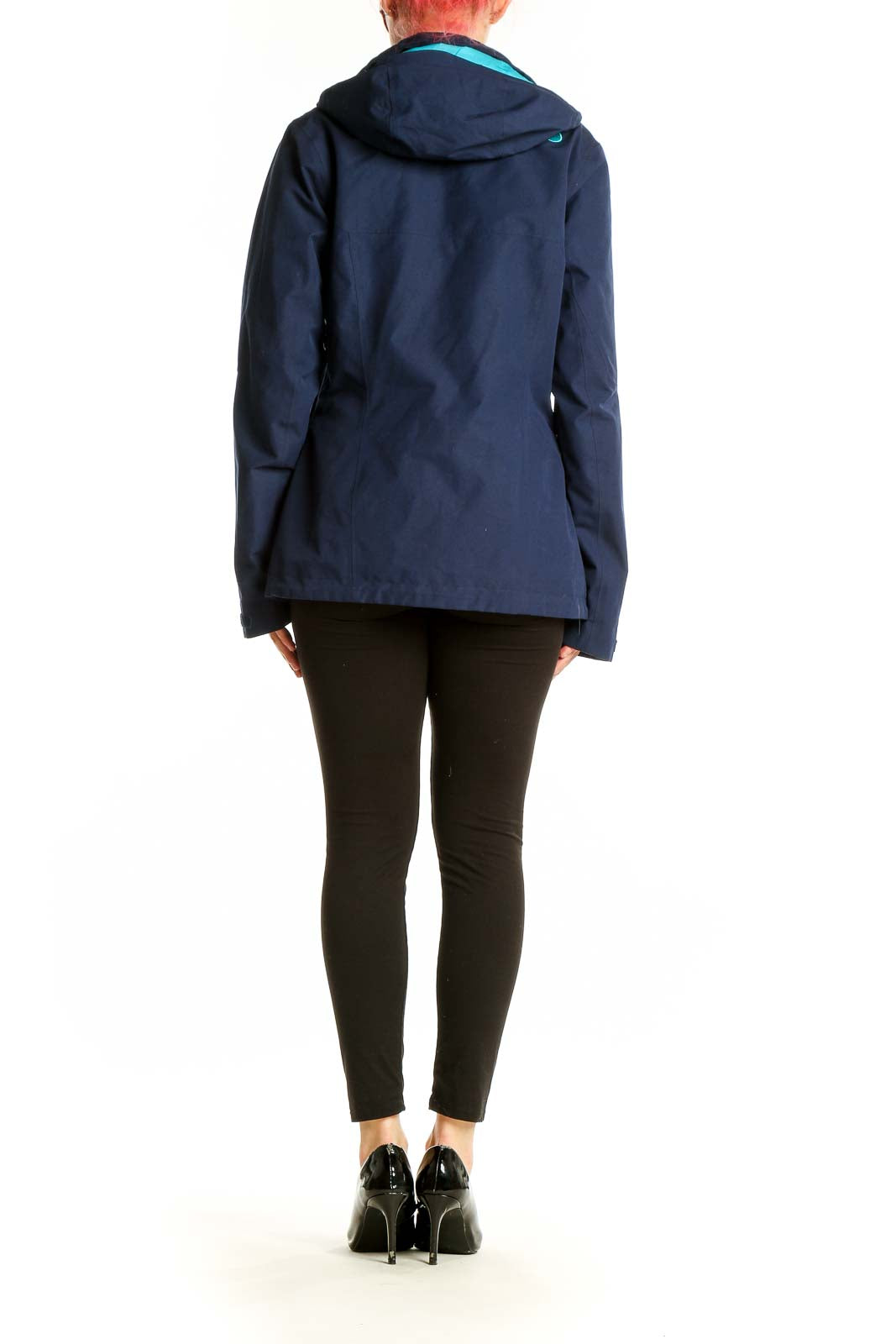 Back view of navy Marmot waterproof jacket showing full length