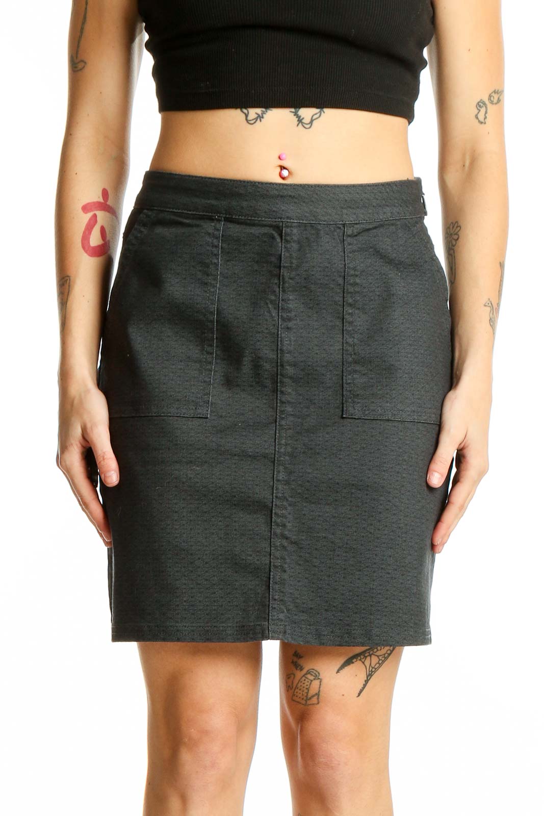 Front view of prAna charcoal textured pencil skirt with front pockets