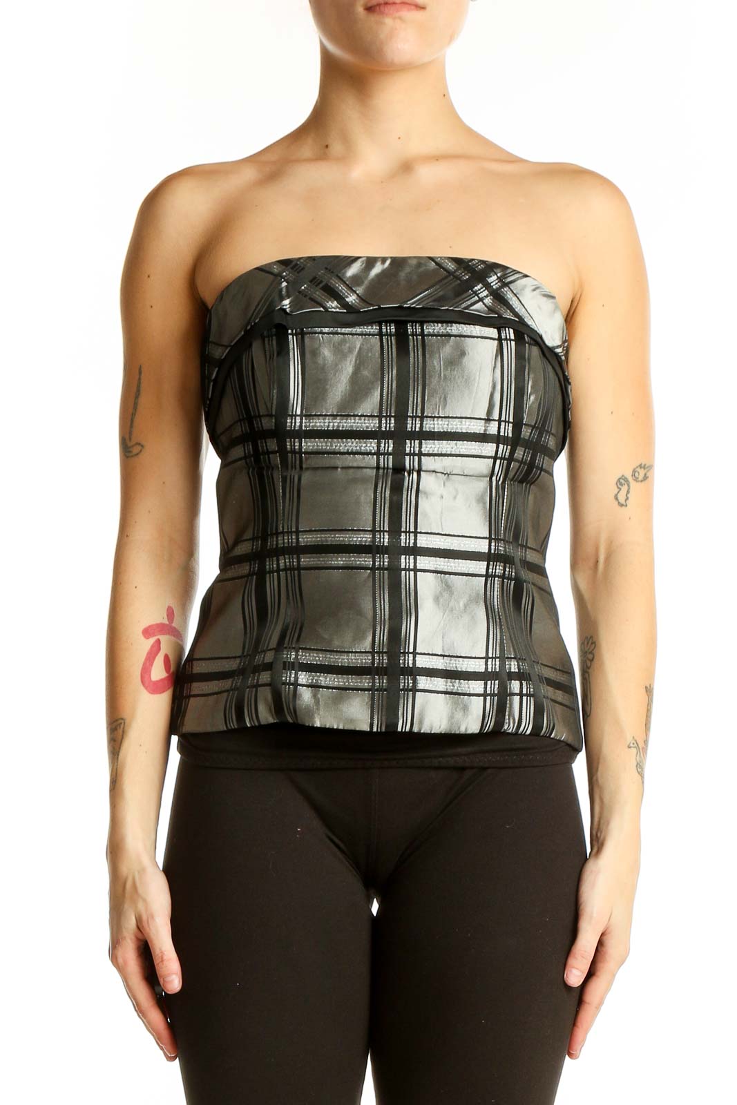 Front view of Silver Metallic Plaid Strapless Top by Michelangelo