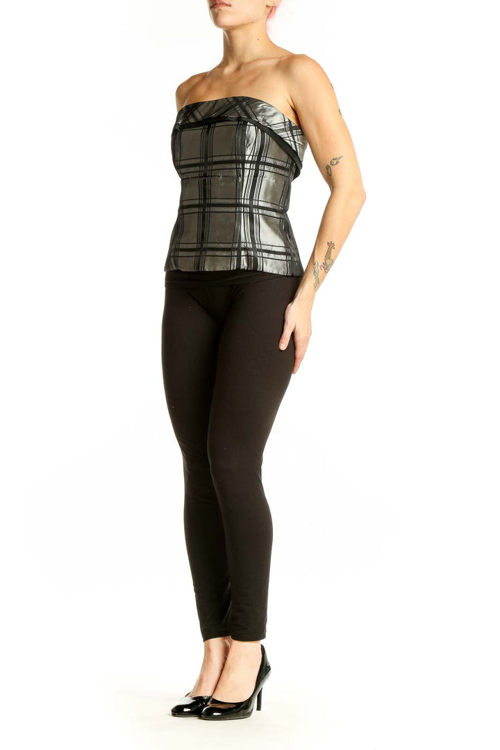 Front view of Silver Metallic Plaid Strapless Top by Michelangelo