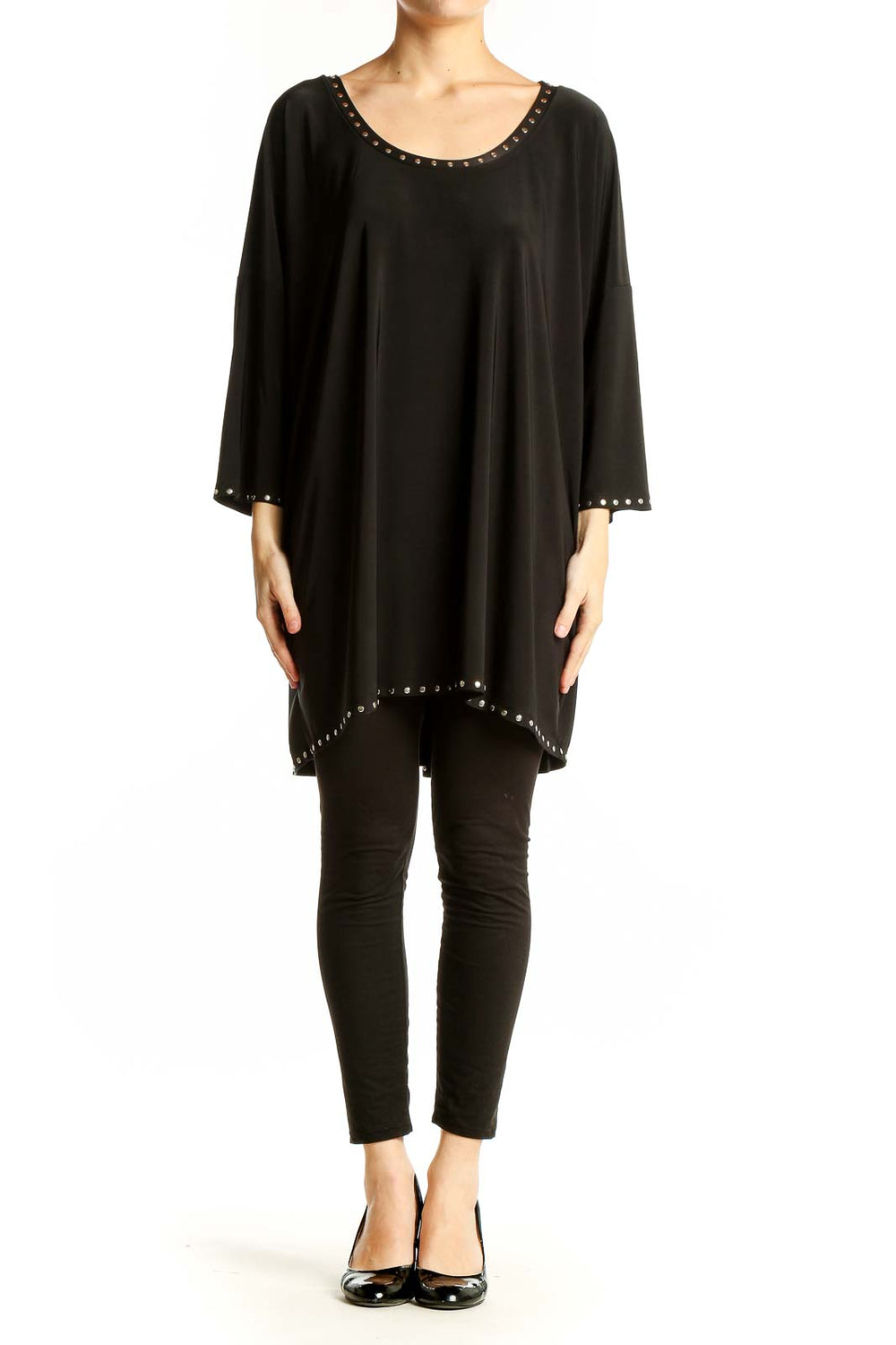 Front view of Isabella Rodriguez black oversized tunic top with studded trim