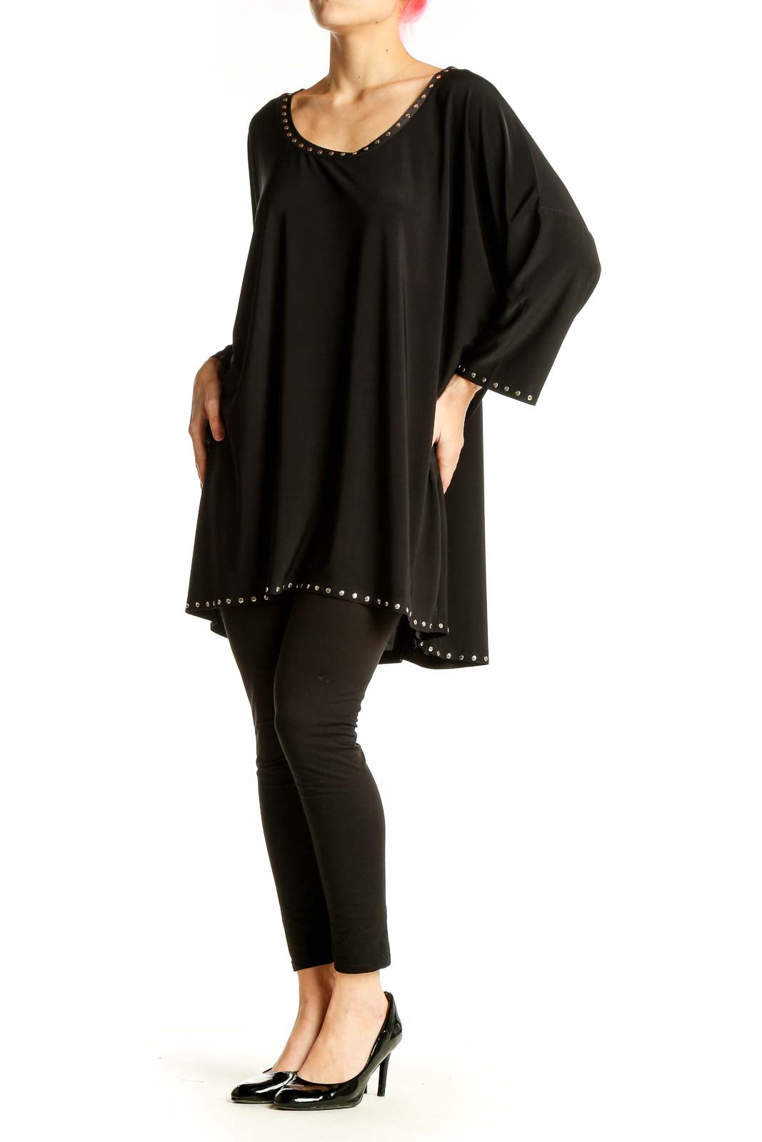 Front view of Isabella Rodriguez black oversized tunic top with studded trim