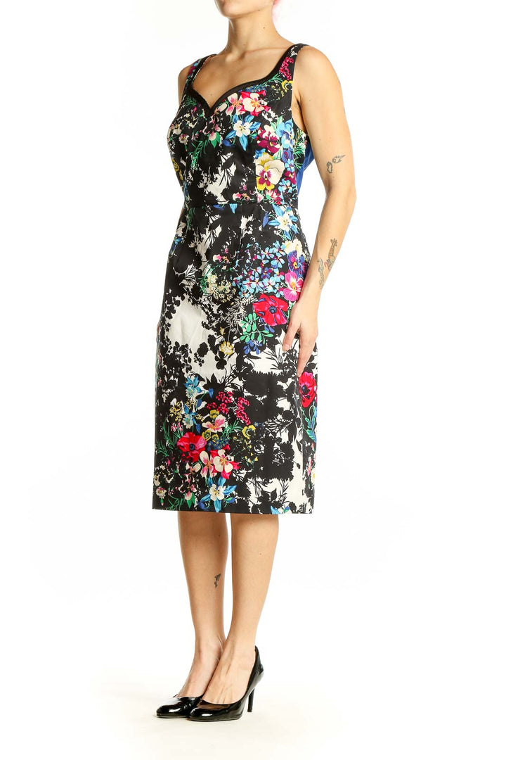 Front view of Leifnotes black floral print dress with sweetheart neckline