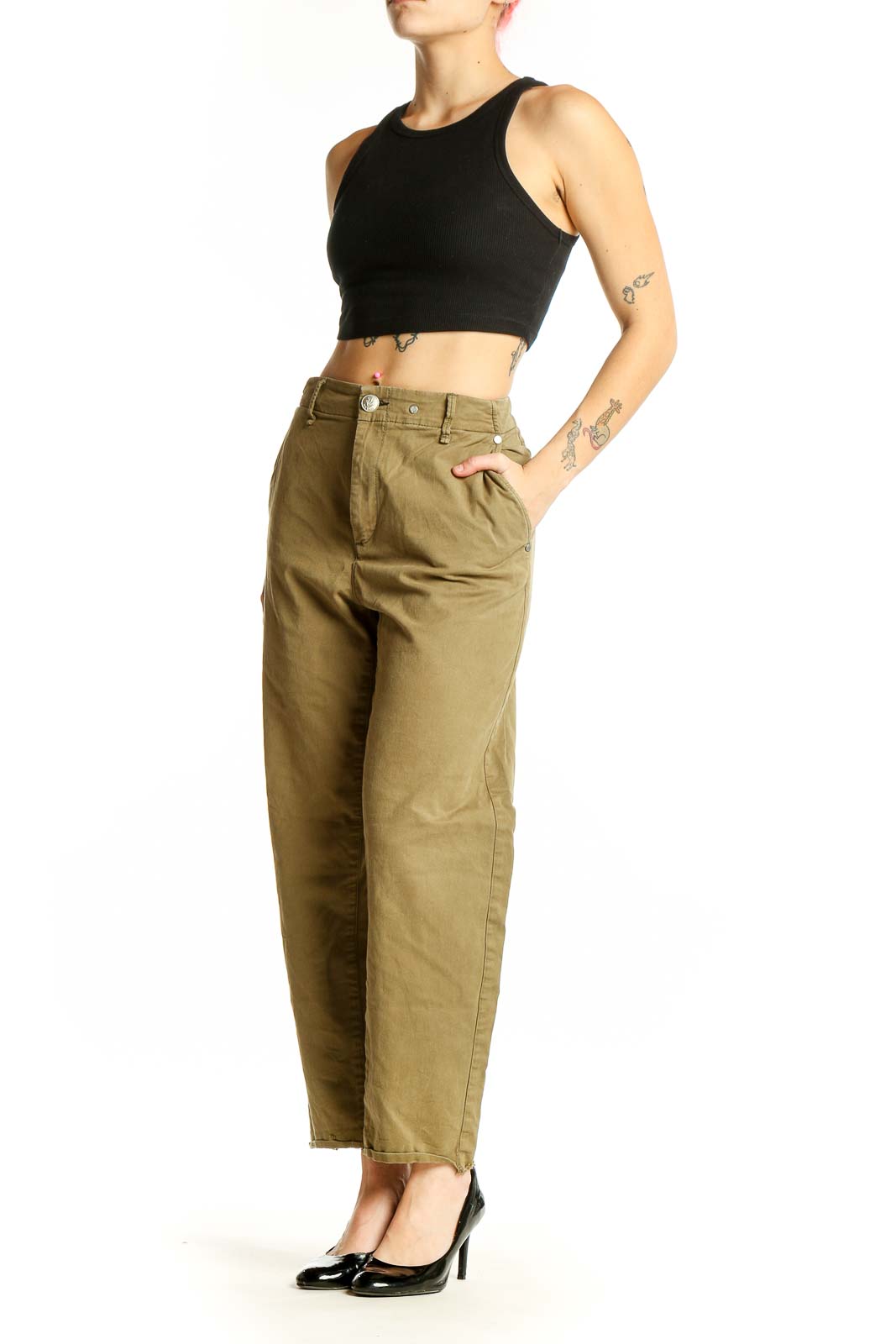 Front view of Rag & Bone olive high-waisted pants