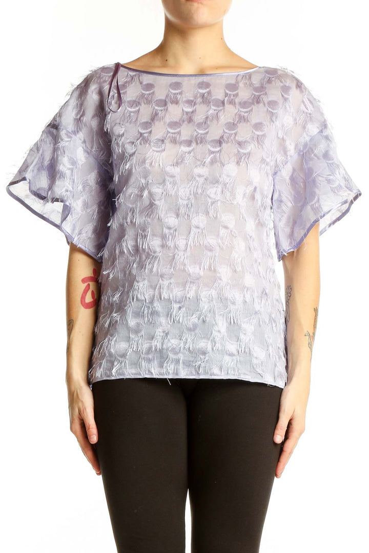 Front view of lavender sheer blouse with textured pattern
