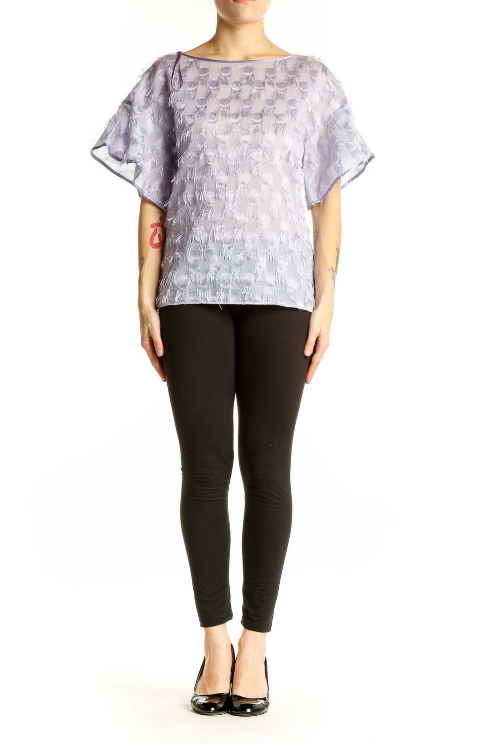 Front view of lavender sheer blouse with textured pattern