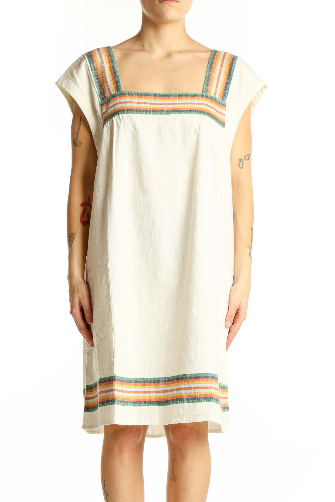 Front view of Faherty cream organic cotton dress with colorful stripes