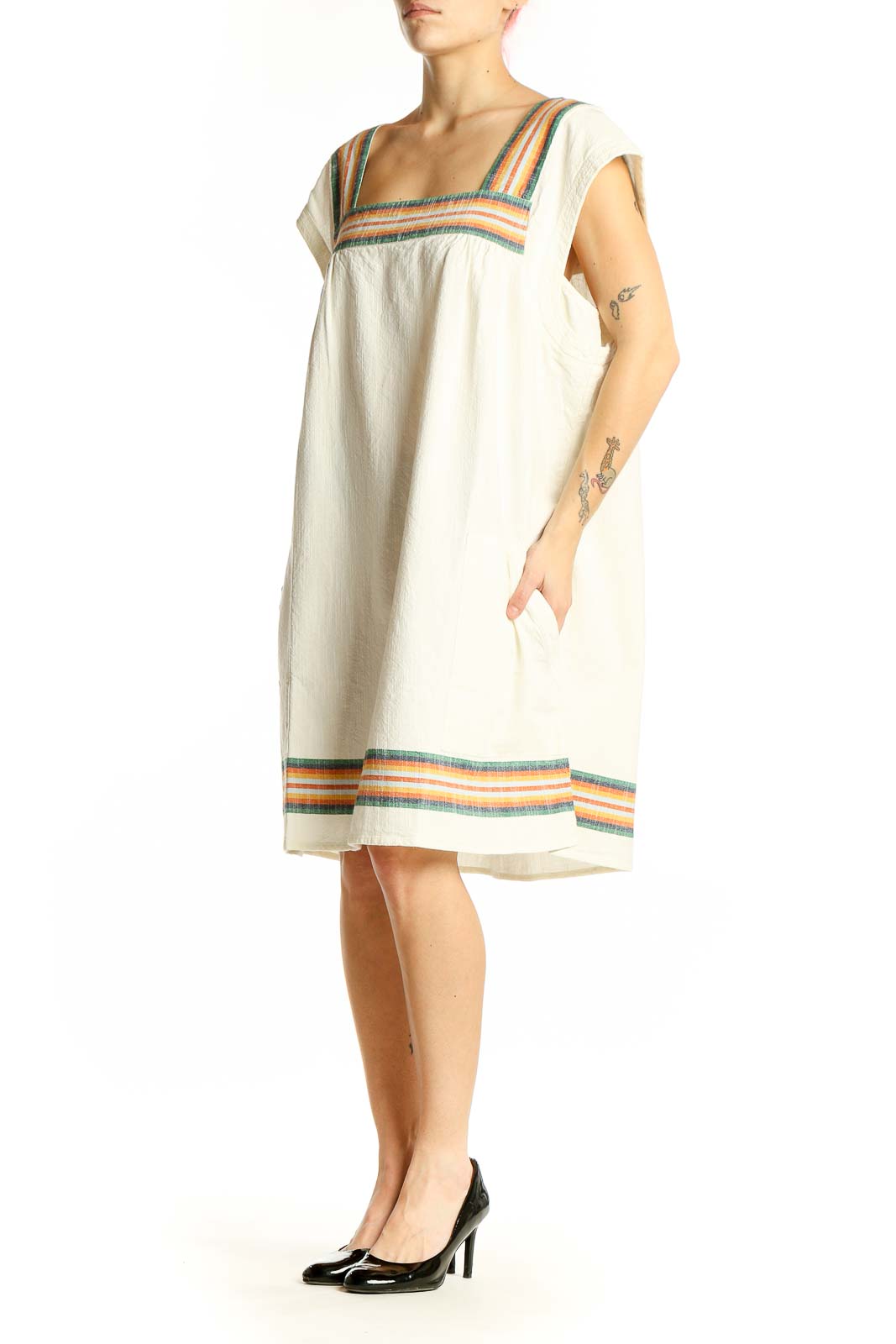 Front view of Faherty cream organic cotton dress with colorful stripes