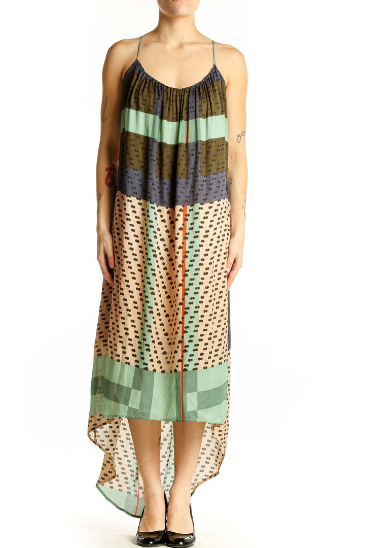 Front view of Konrad + Joseph Anthropologie multicolor patterned high-low maxi dress