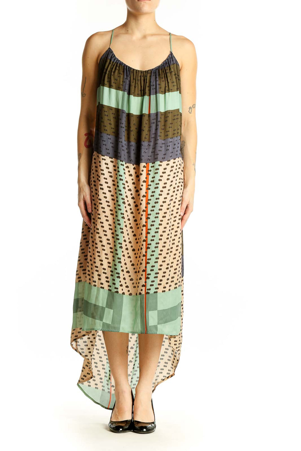 Front view of Konrad + Joseph Anthropologie multicolor patterned high-low maxi dress