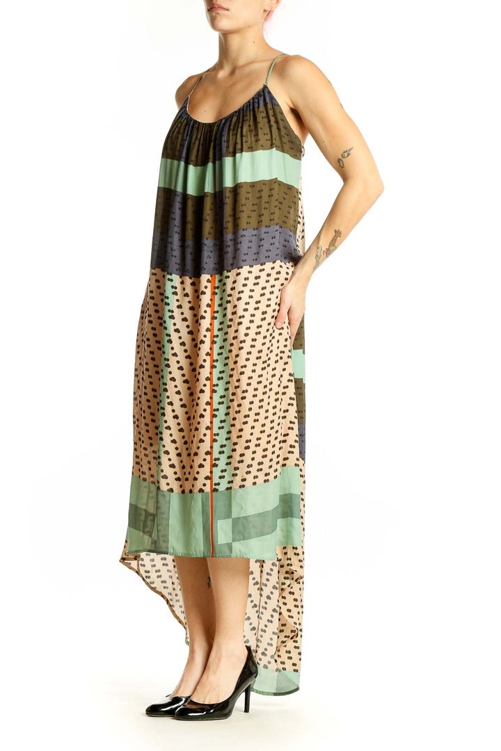 Front view of Konrad + Joseph Anthropologie multicolor patterned high-low maxi dress