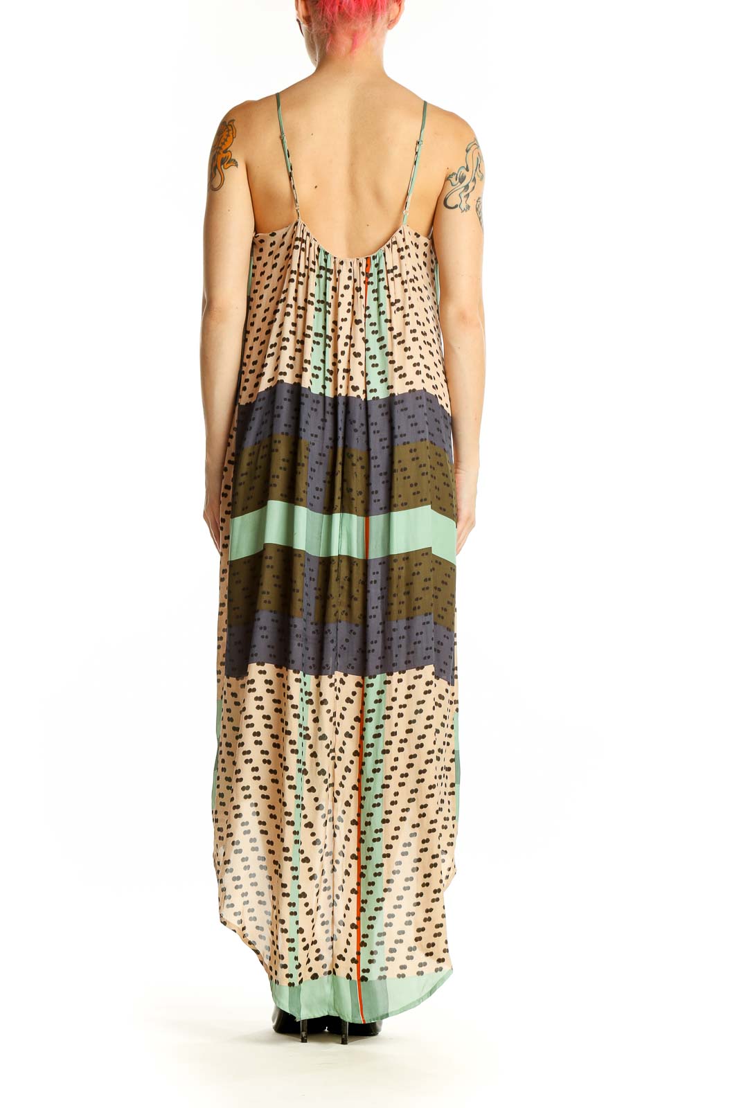 Side view of Konrad + Joseph Anthropologie multicolor patterned high-low maxi dress