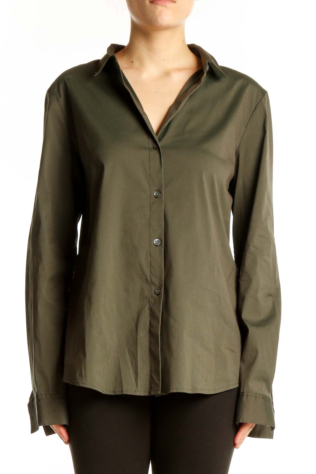 Front view of olive Theory button-down long sleeve shirt