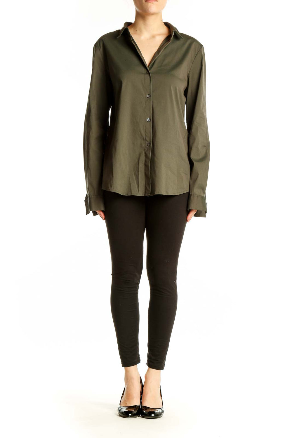 Front view of olive Theory button-down long sleeve shirt