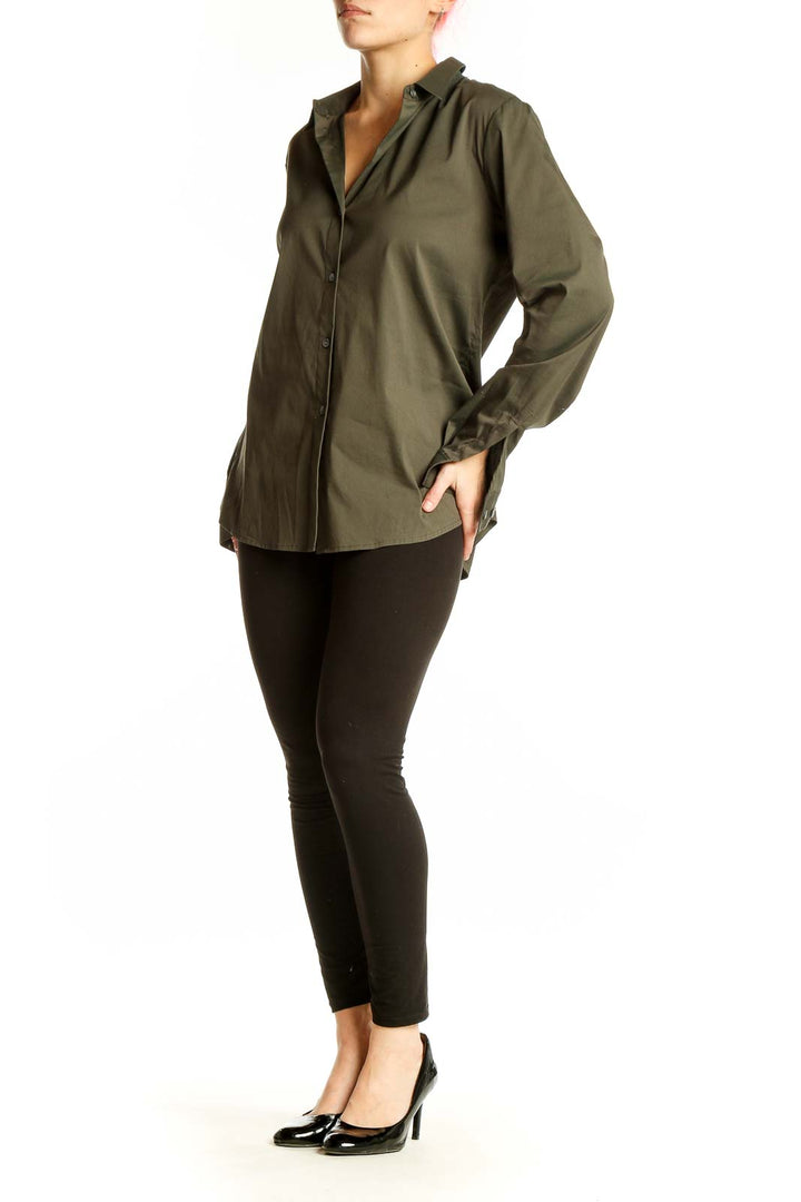 Front view of olive Theory button-down long sleeve shirt