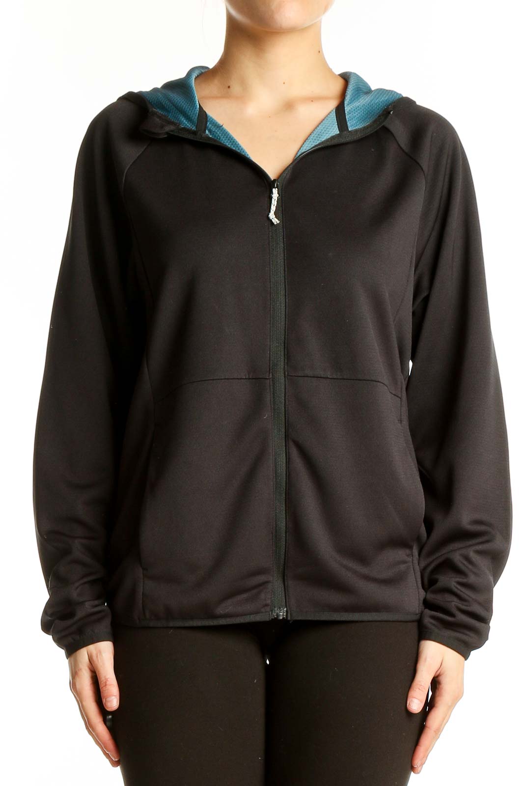 Front view of black Wrangler zip-up activewear hoodie with teal hood lining