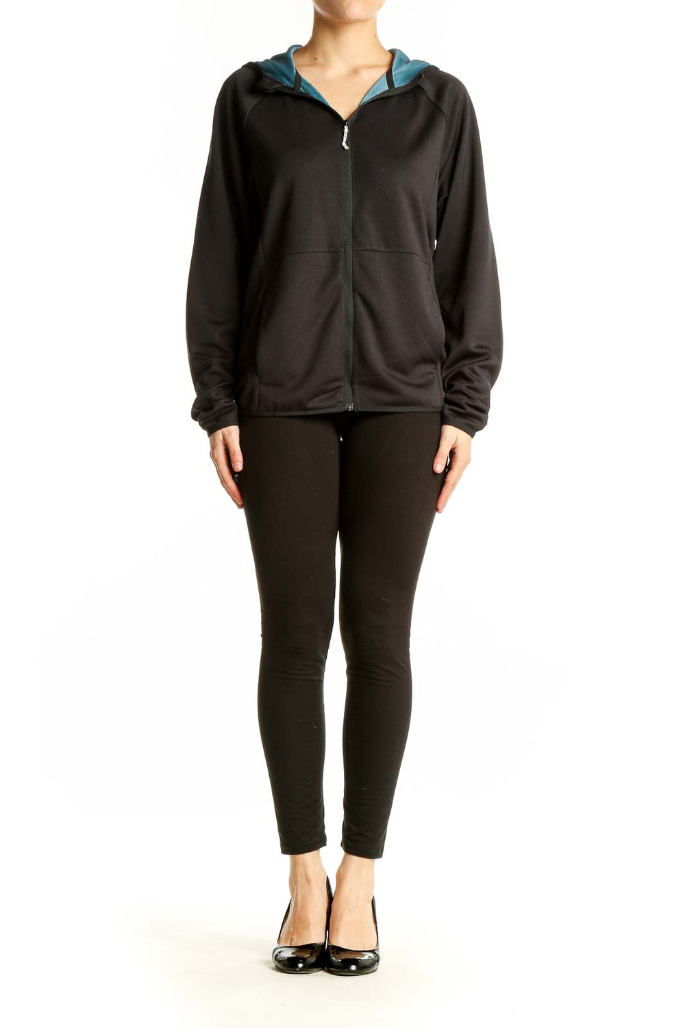 Front view of black Wrangler zip-up activewear hoodie with teal hood lining