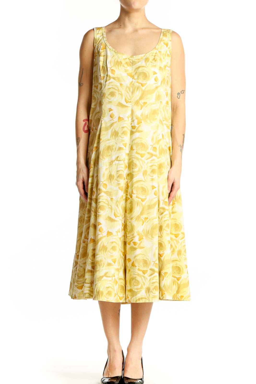 Front view of Talbots yellow floral midi dress with A-line silhouette