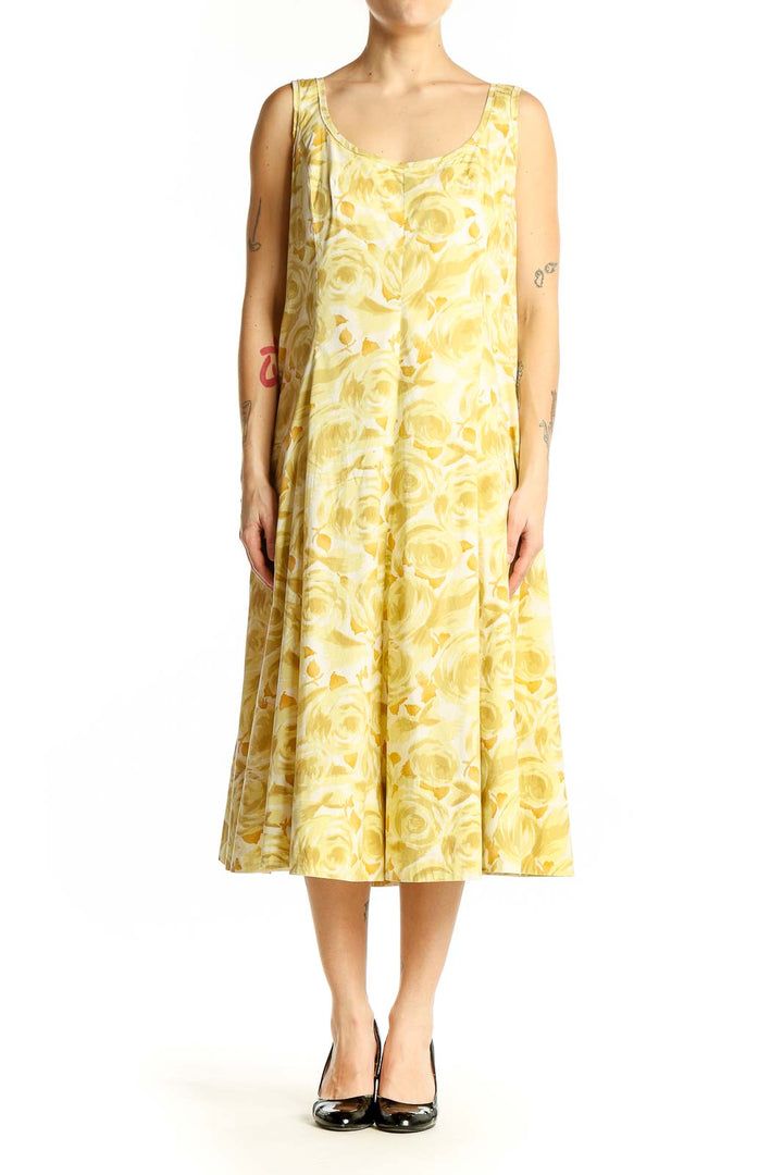 Front view of Talbots yellow floral midi dress with A-line silhouette