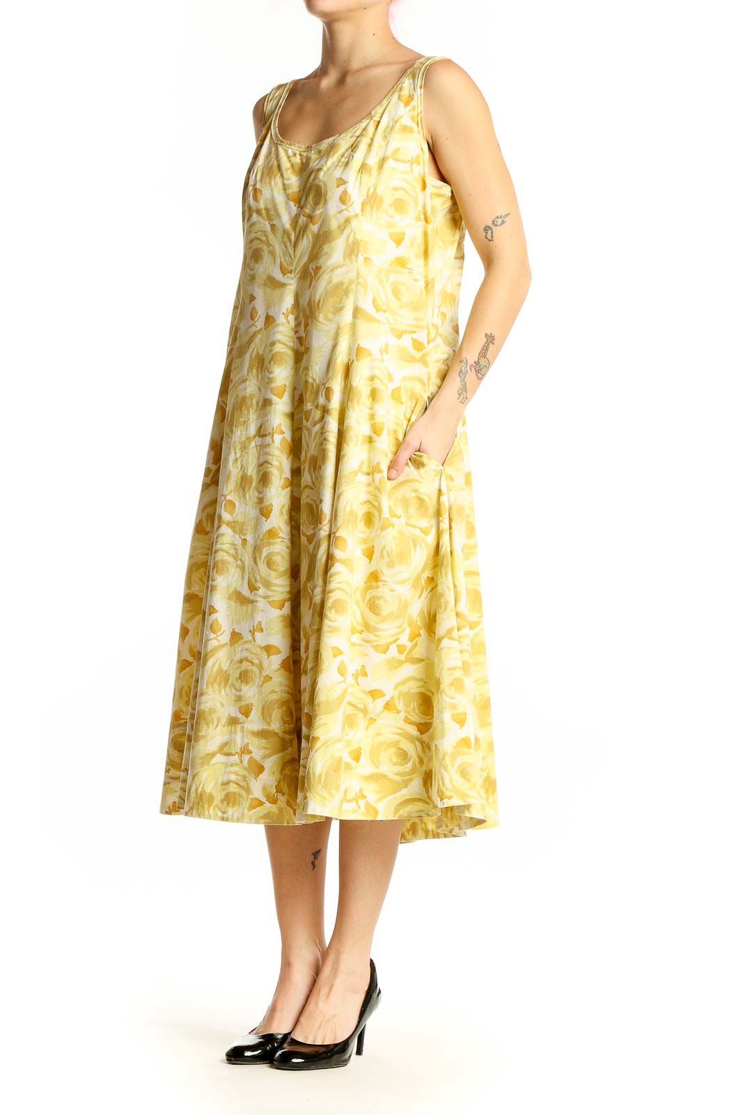 Front view of Talbots yellow floral midi dress with A-line silhouette