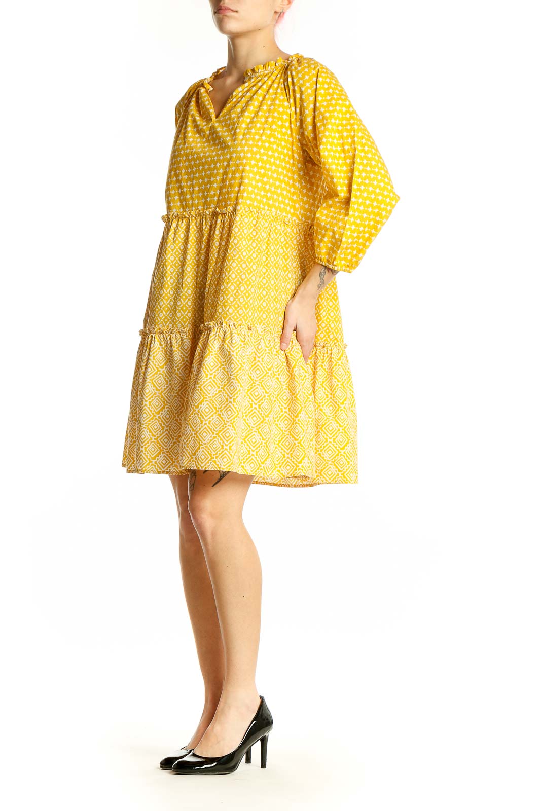 Front view of LOFT yellow polka dot tiered cotton dress with tie neckline