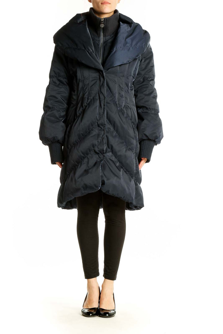 Front view of Elie Tahari navy oversized puffer coat with chevron quilting
