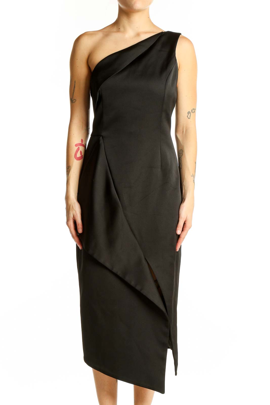 Front view of Keepsake black one-shoulder asymmetric midi dress