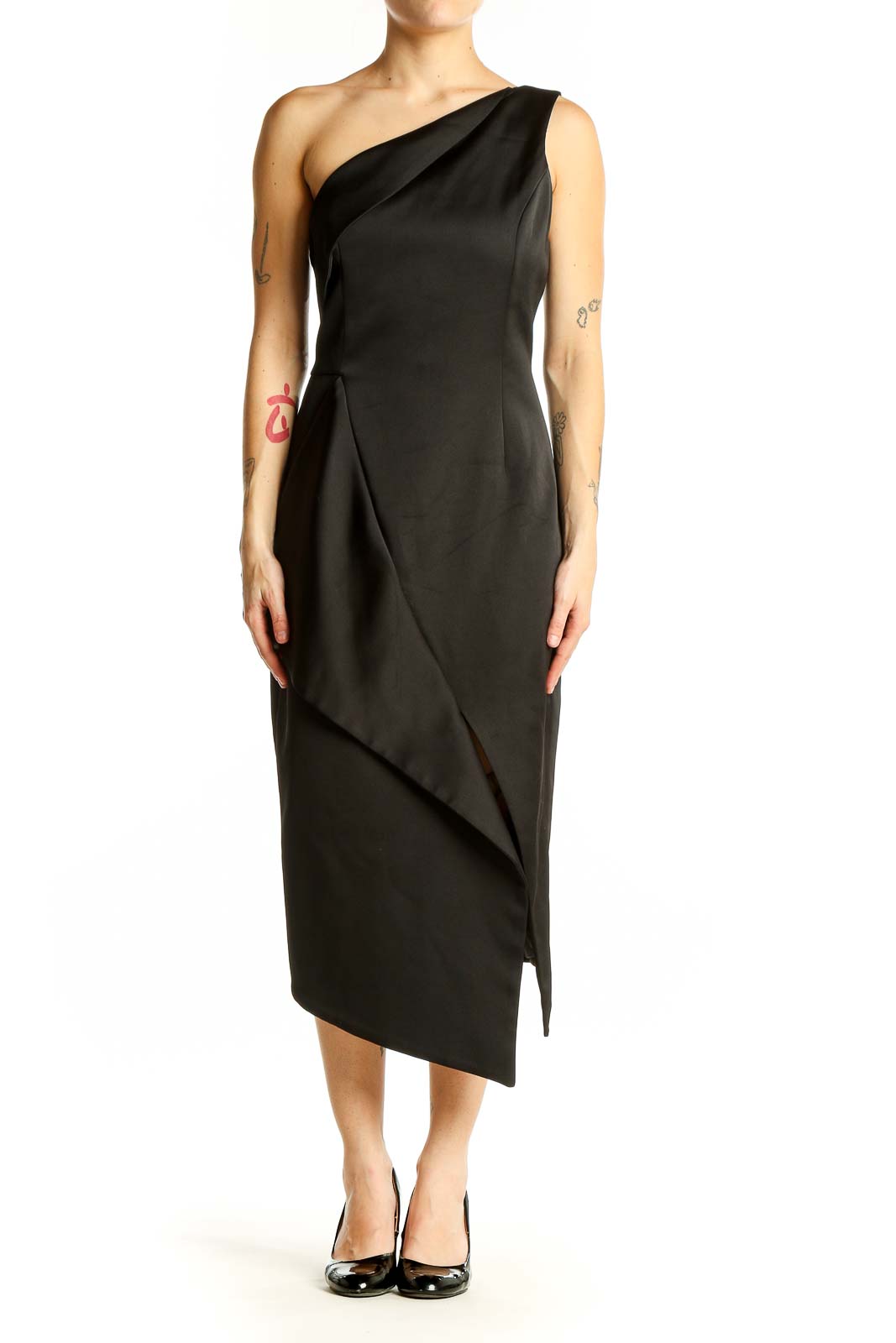 Front view of Keepsake black one-shoulder asymmetric midi dress