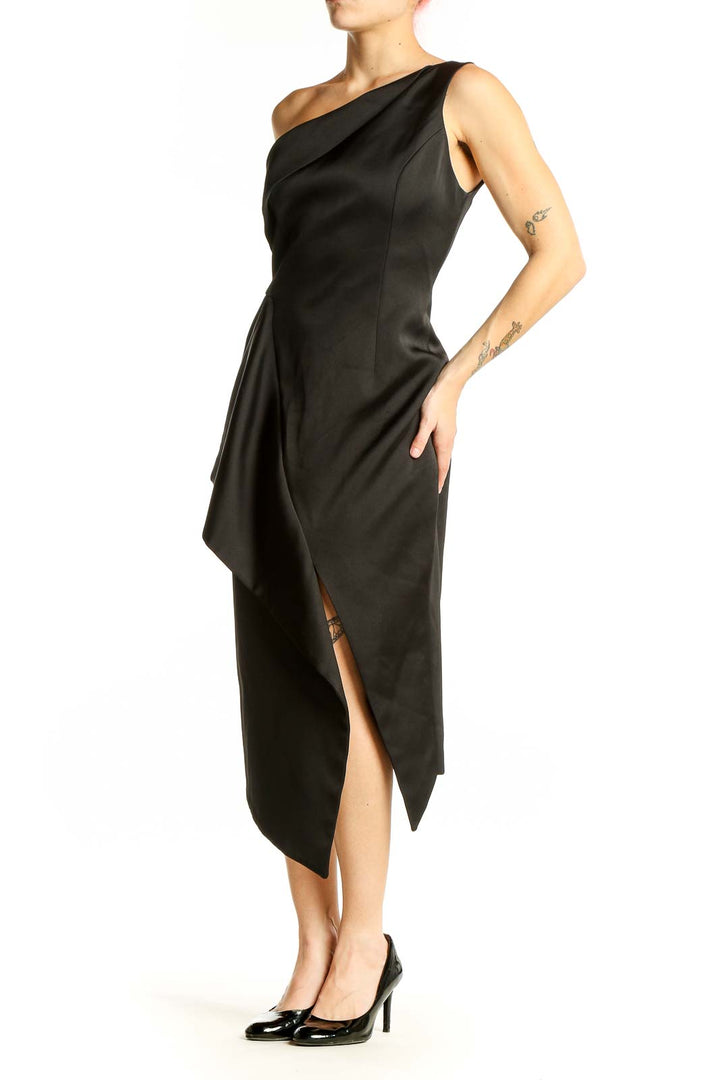 Front view of Keepsake black one-shoulder asymmetric midi dress