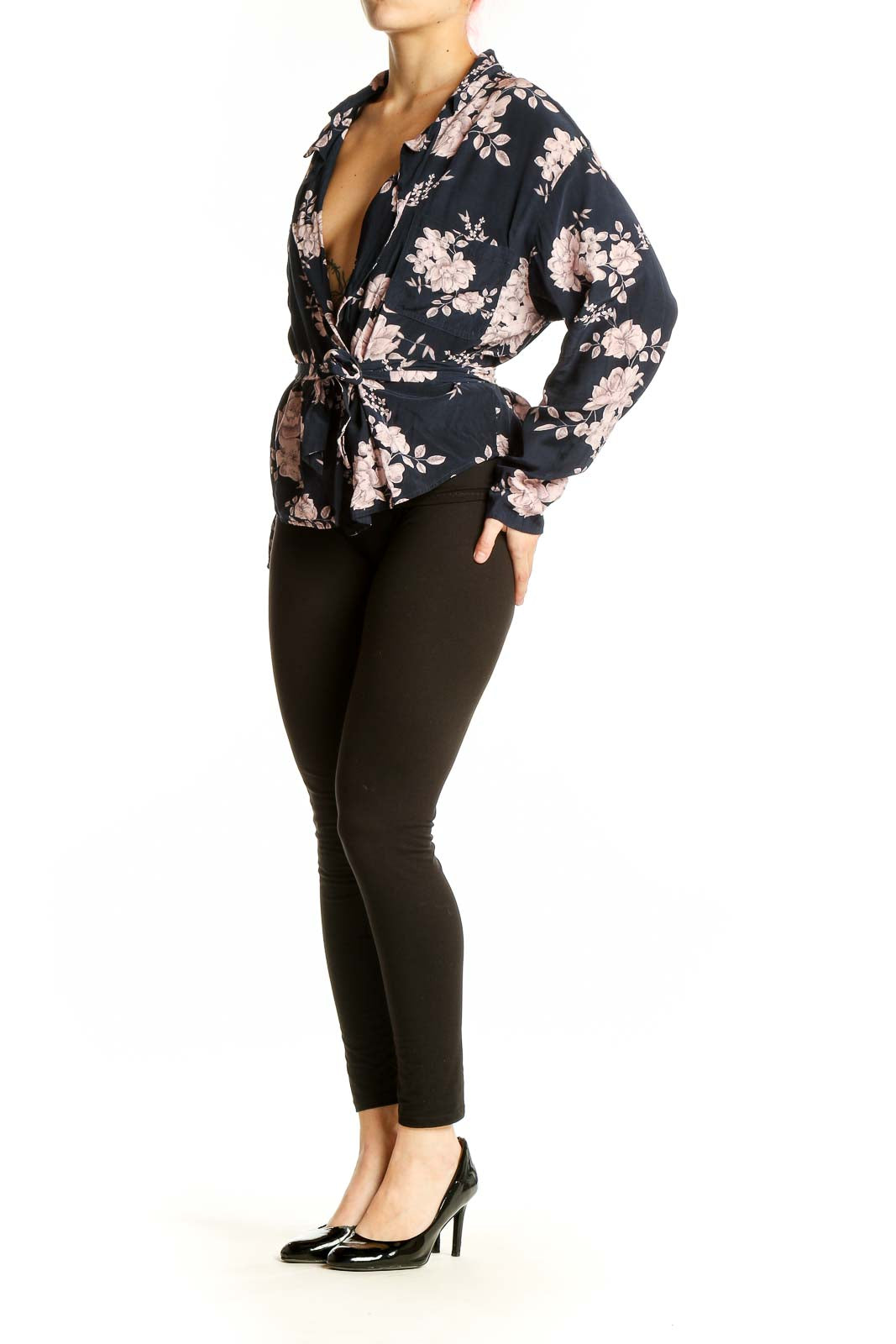 Front view of Marissa Webb navy floral wrap blouse with V-neck and tie-waist