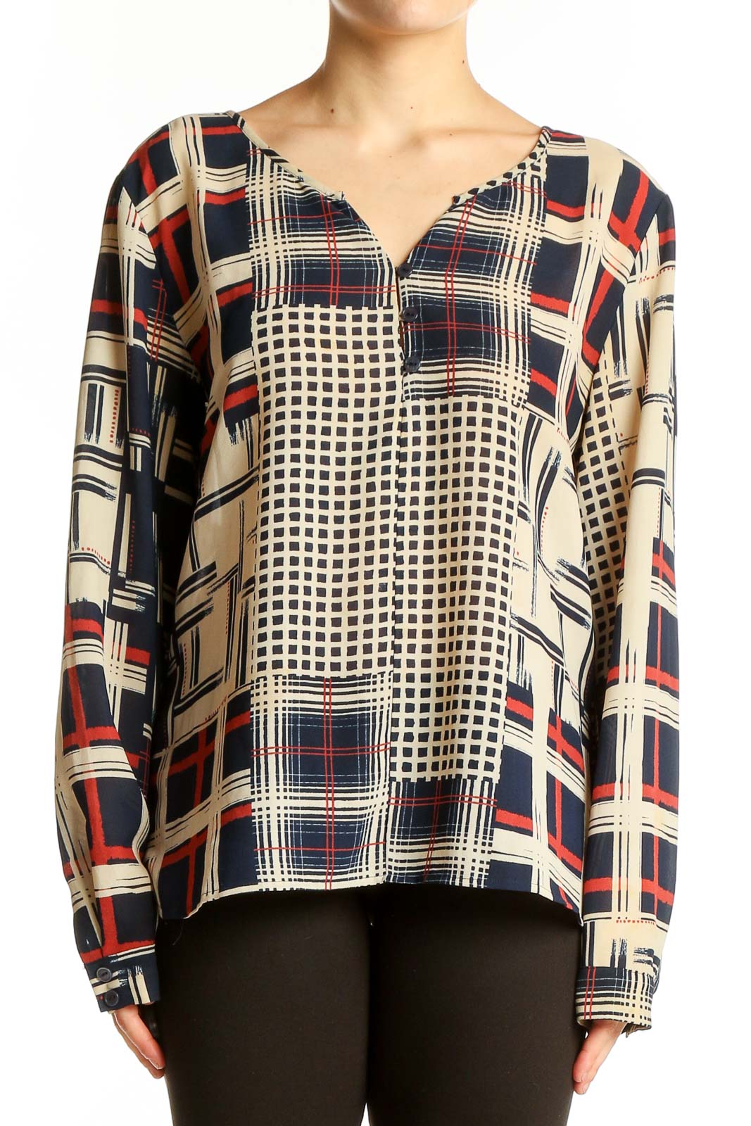 Front view of Sanctuary navy geometric print long sleeve blouse