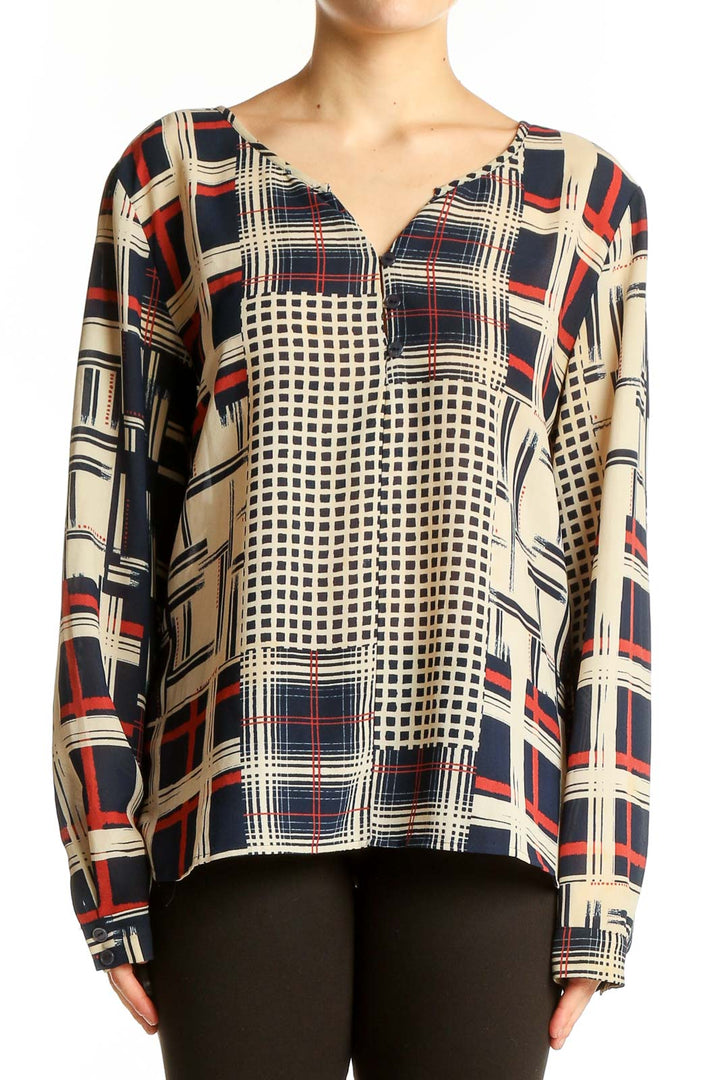 Front view of Sanctuary navy geometric print long sleeve blouse