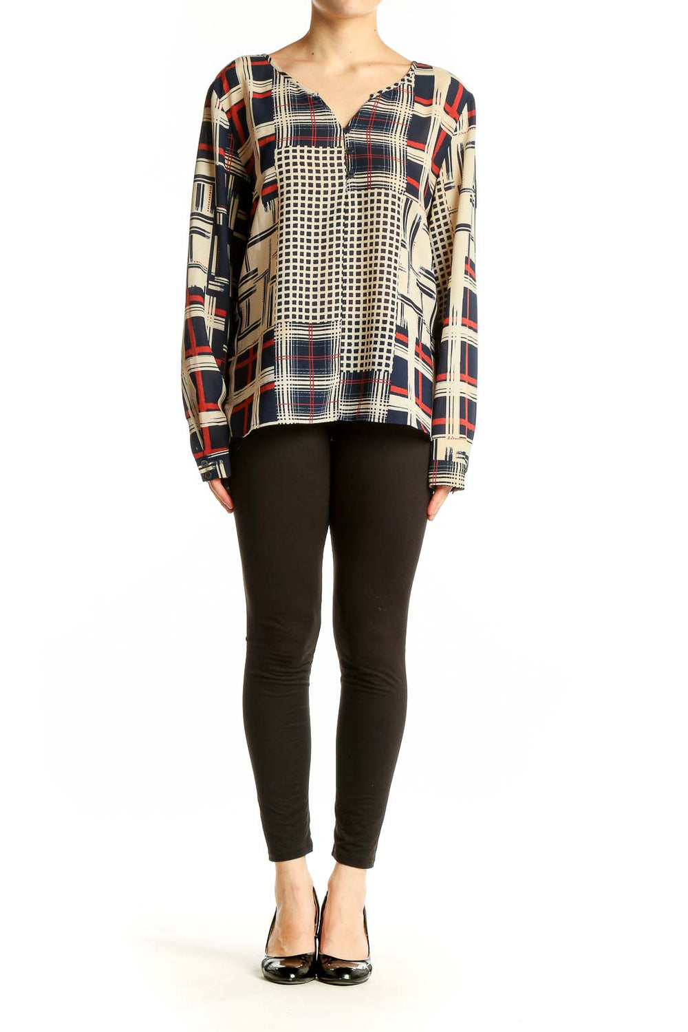 Front view of Sanctuary navy geometric print long sleeve blouse