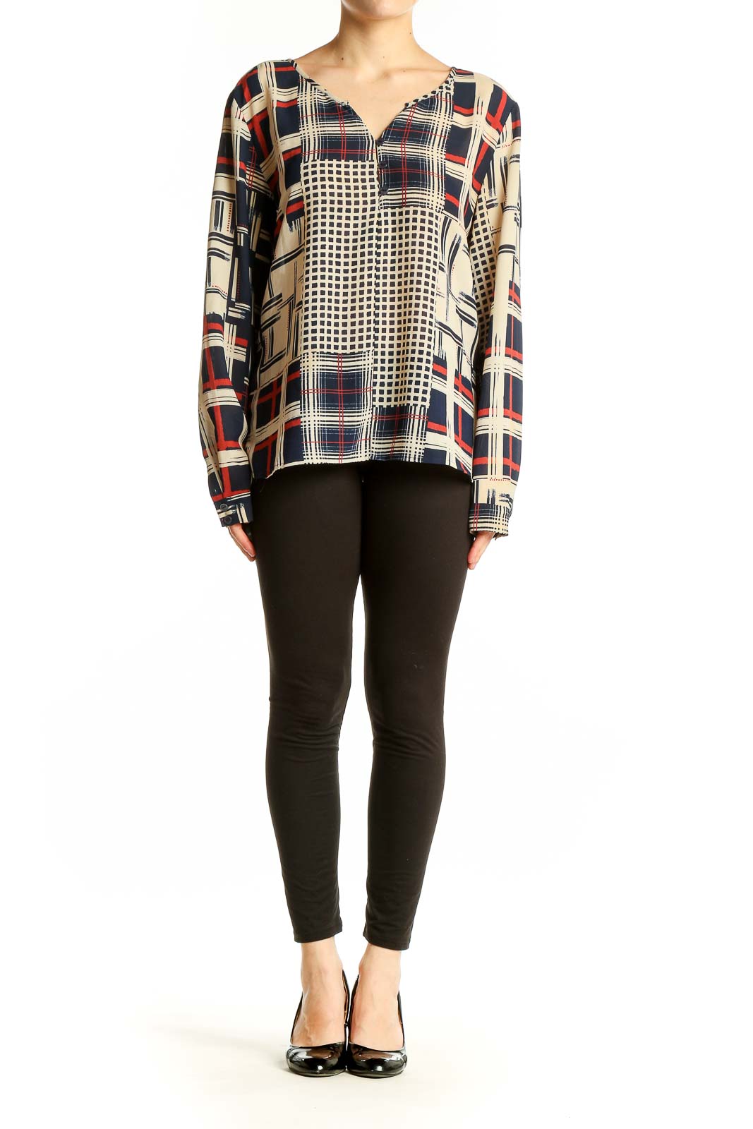 Front view of Sanctuary navy geometric print long sleeve blouse