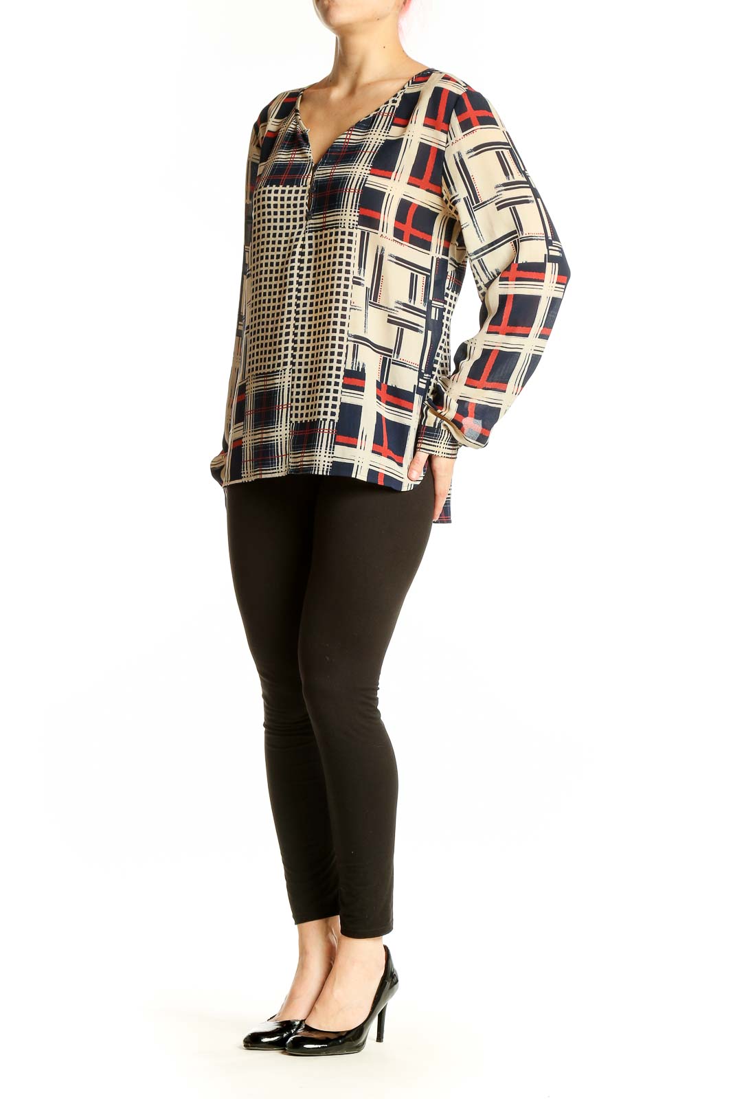 Front view of Sanctuary navy geometric print long sleeve blouse