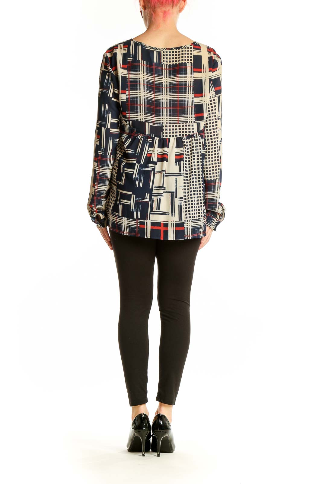 Side view of Sanctuary navy geometric print long sleeve blouse on model