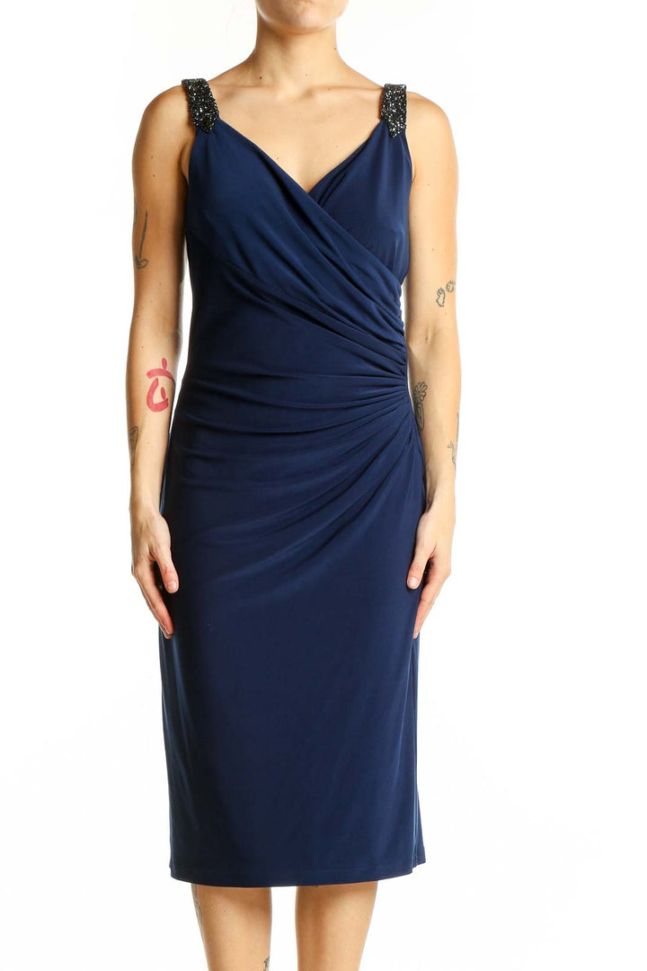 Front view of navy Lauren Ralph Lauren cocktail dress with ruched detailing and beaded straps