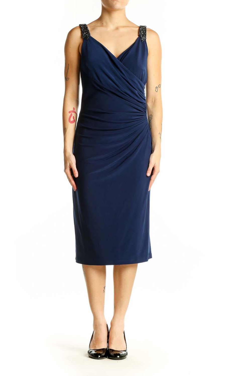 Front view of navy Lauren Ralph Lauren cocktail dress with ruched detailing and beaded straps