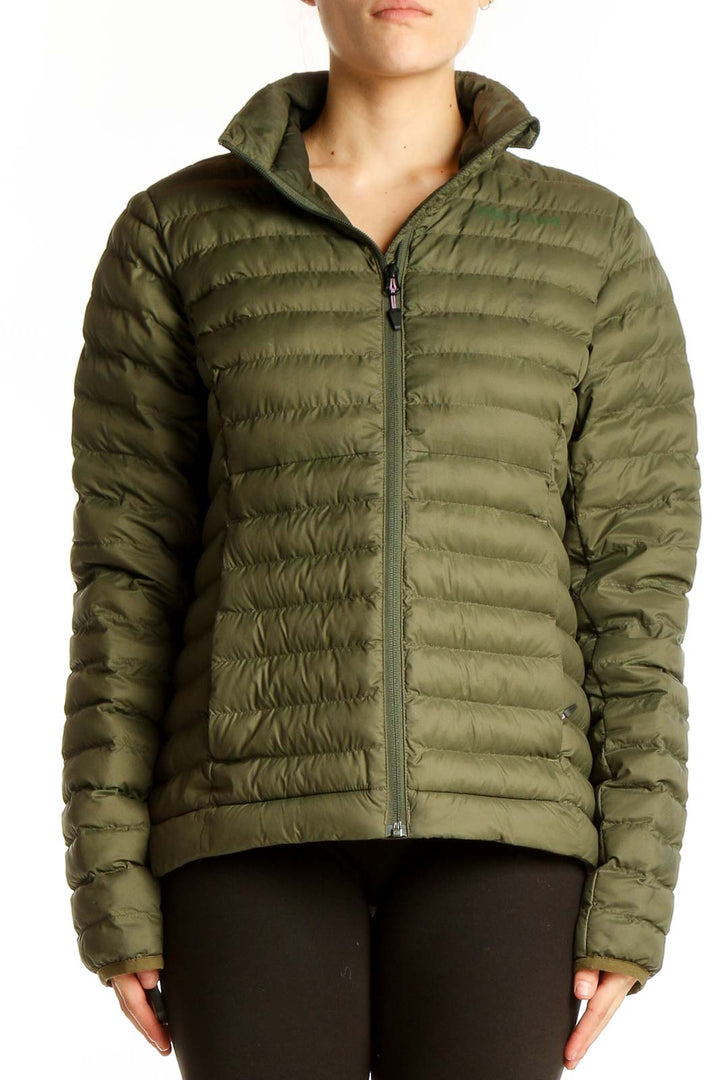 Front view of Marmot olive green quilted puffer jacket
