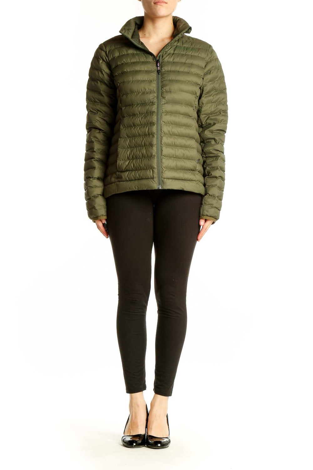 Front view of Marmot olive green quilted puffer jacket