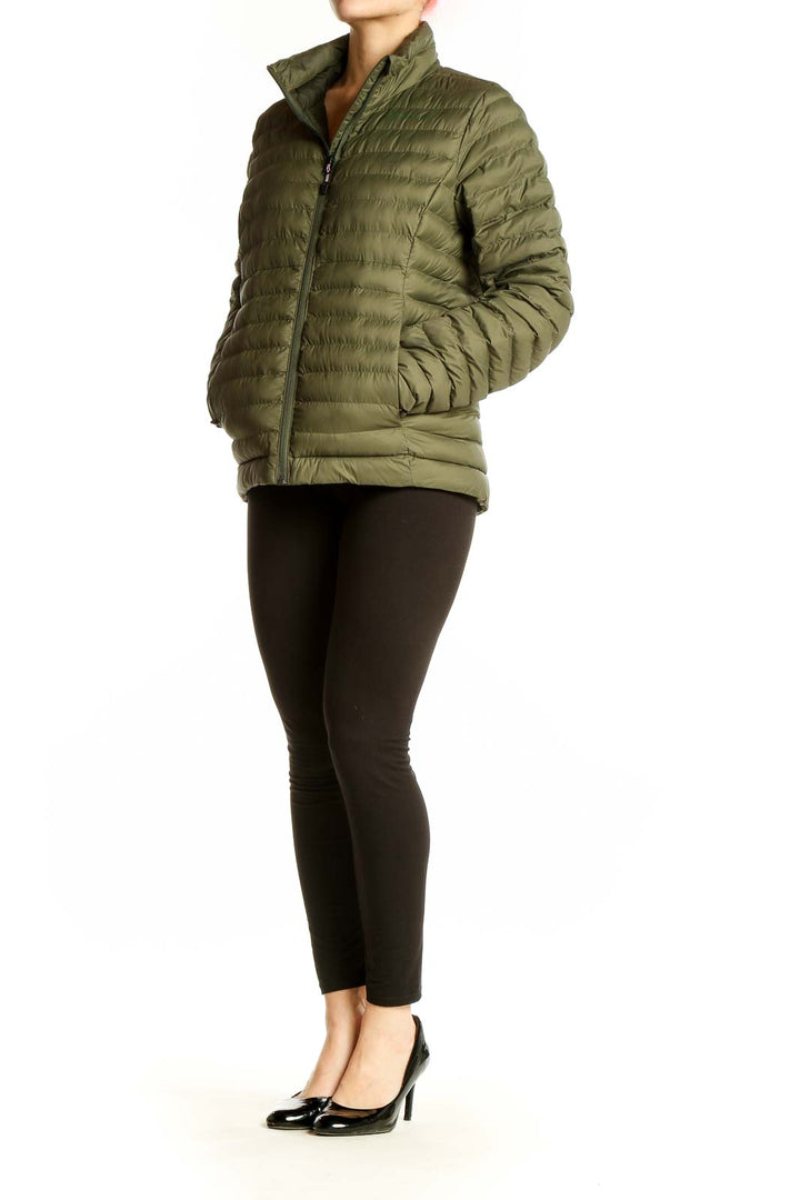 Front view of Marmot olive green quilted puffer jacket