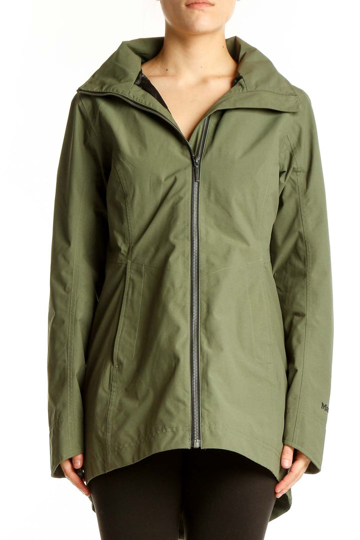 Front view of olive Marmot waterproof jacket with full-length zipper