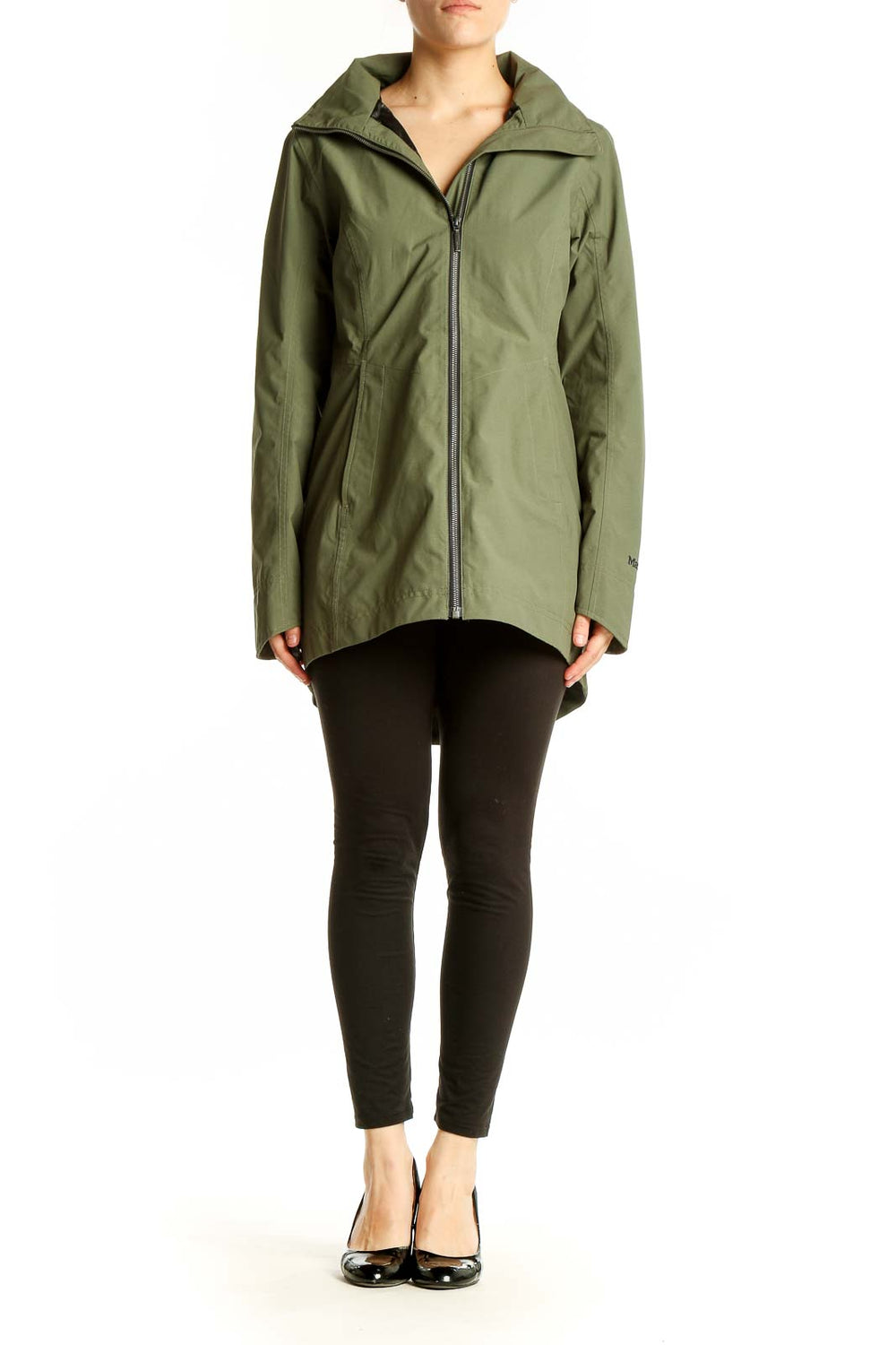 Front view of olive Marmot waterproof jacket with full-length zipper