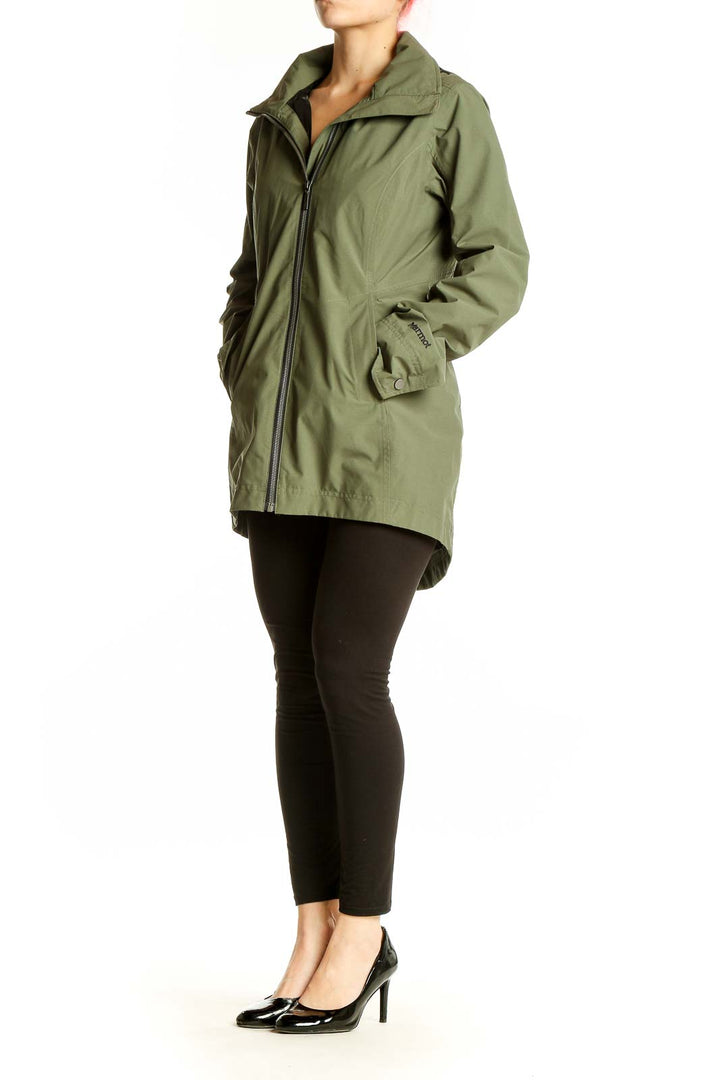 Front view of olive Marmot waterproof jacket with full-length zipper