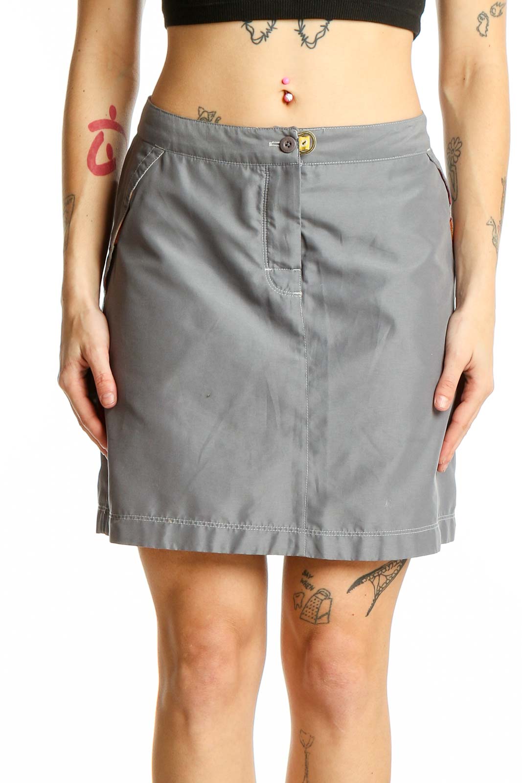 Front view of Aventura gray polyester mini skirt with button closure