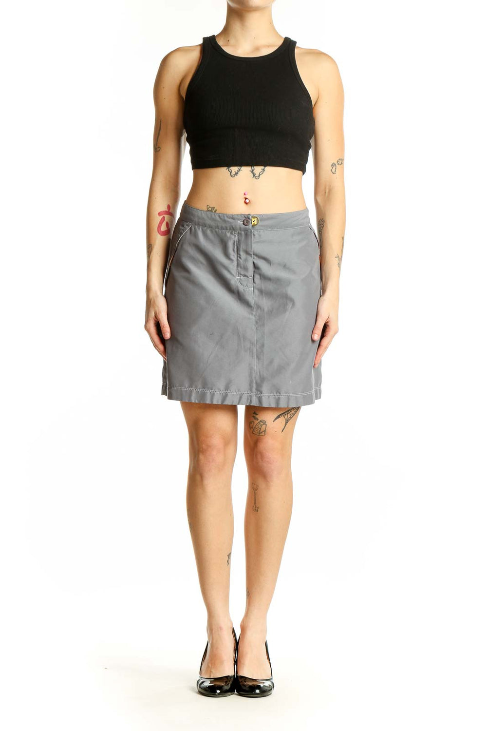 Front view of Aventura gray polyester mini skirt with button closure